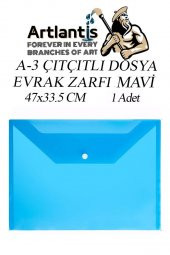 A3 Çıtçıtlı Dosya Mavi 1 Adet A-3 Çıt çıtlı Zarf Dosya Transparan 47x33.5 cm Büyük Boy Çıtçıtlı Dosya - 1
