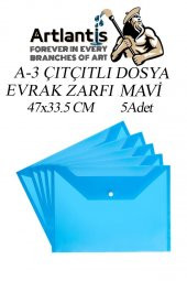 A3 Çıtçıtlı Dosya Mavi 5 Adet A-3 Çıt çıtlı Zarf Dosya Transparan 47x33.5 cm Büyük Boy Çıtçıtlı Dosya - 1
