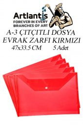 A3 Çıtçıtlı Dosya Kırmızı 5 Adet A-3 Çıt çıtlı Zarf Dosya Transparan 47x33.5 cm Büyük Boy Çıtçıtlı Dosya - 1