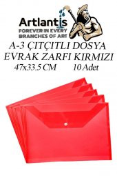 A3 Çıtçıtlı Dosya Kırmızı 10 Adet A-3 Çıt çıtlı Zarf Dosya Transparan 47x33.5 cm Büyük Boy Çıtçıtlı Dosya - 1