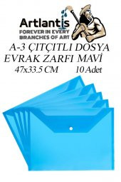 A3 Çıtçıtlı Dosya Mavi 10 Adet A-3 Çıt çıtlı Zarf Dosya Transparan 47x33.5 cm Büyük Boy Çıtçıtlı Dosya - 1