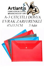 A3 Çıtçıtlı Dosya 5 Adet Renkli A-3 Çıt çıtlı Zarf Dosya Transparan 47x33.5 cm Büyük Boy Çıtçıtlı Dosya - 1