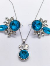 Gümüş Renk Mavi Taşlı Kolye-Küpe Set - 1