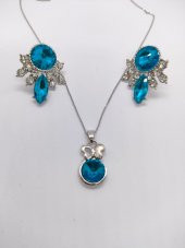 Gümüş Renk Mavi Taşlı Kolye-Küpe Set - 3