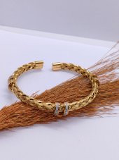 Gold Renk Örgü Halat Taşlı Çelik Bileklik - 1