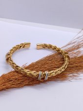 Gold Renk Örgü Halat Taşlı Çelik Bileklik - 3