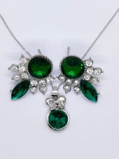 Gümüş Renk Yeşil Taşlı Kolye-Küpe Set - 1