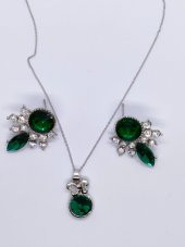Gümüş Renk Yeşil Taşlı Kolye-Küpe Set - 2
