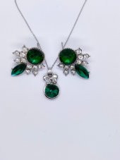 Gümüş Renk Yeşil Taşlı Kolye-Küpe Set - 4