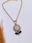 Gold Renk Ay Çiçeği Figürlü Taşlı Kolye - 1