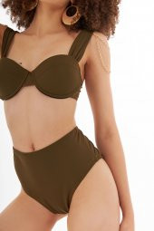 Haki Yeşil Yüksek Bel Tek Alt Bikini - 4