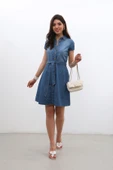 Kemer Detaylı Düğmeli Jean Elbise - 4