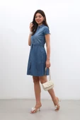 Kemer Detaylı Düğmeli Jean Elbise - 7
