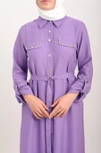 Taş İşlemeli Keten Ferace - Lila - 6