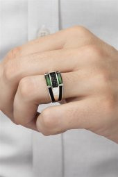 Yeşil 2 Sıra Taşlı 925 Gümüş Erkek Yüzük thumbnail 3