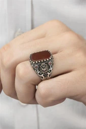 Osmanlı Devleti Armalı Akik Taşlı 925 Gümüş Erkek Yüzük thumbnail 1