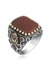 Osmanlı Devleti Armalı Akik Taşlı 925 Gümüş Erkek Yüzük thumbnail 2