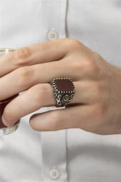 Osmanlı Devleti Armalı Akik Taşlı 925 Gümüş Erkek Yüzük thumbnail 3