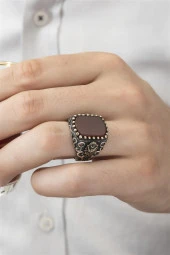 Osmanlı Devleti Armalı Akik Taşlı 925 Gümüş Erkek Yüzük thumbnail 5