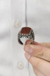 Osmanlı Devleti Armalı Akik Taşlı 925 Gümüş Erkek Yüzük thumbnail 9