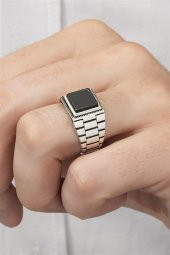 Siyah Oniks Taşlı Kare Kordon Model 925 Gümüş Erkek Yüzük thumbnail 1