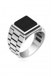 Siyah Oniks Taşlı Kare Kordon Model 925 Gümüş Erkek Yüzük thumbnail 2