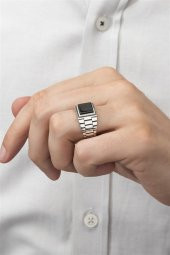Siyah Oniks Taşlı Kare Kordon Model 925 Gümüş Erkek Yüzük thumbnail 3