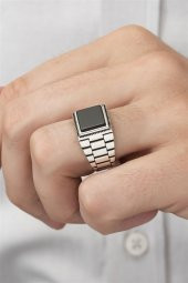 Siyah Oniks Taşlı Kare Kordon Model 925 Gümüş Erkek Yüzük thumbnail 4