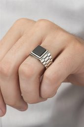 Siyah Oniks Taşlı Kare Kordon Model 925 Gümüş Erkek Yüzük thumbnail 5