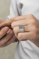 Siyah Oniks Taşlı Kare Kordon Model 925 Gümüş Erkek Yüzük thumbnail 6