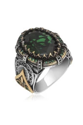 Yeşil Faset Kesim Taşlı 925 Gümüş Erkek Yüzük thumbnail 2