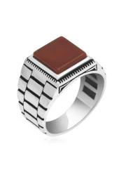 Akik Taşlı Kare Kordon Model 925 Gümüş Erkek Yüzük thumbnail 2