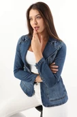 Kadın Uzun Kollu Tek Düğmeli Jean Ceket Mavi - 4