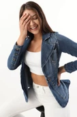 Kadın Uzun Kollu Tek Düğmeli Jean Ceket Mavi - 1