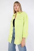 Kadın Oversize Jean Gömlek Neon Yeşil - 5