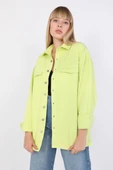 Kadın Oversize Jean Gömlek Neon Yeşil - 2