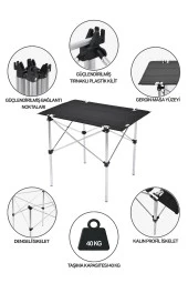 Exent 70x50 cm Tekstil Kamp Masası, Piknik, bahçe balkon plaj masası, Katlanır Taşıma çantalı-SİYAH - 3