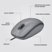 Logitech M110 Sessiz Tam Boyutlu Kablolu Usb-A Bağlantılı Optik Mouse - Gri - 7
