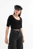 Yarım Kol Fitilli Crop Top Siyah - 4