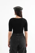 Yarım Kol Fitilli Crop Top Siyah - 8