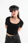 Yarım Kol Fitilli Crop Top Siyah - 6