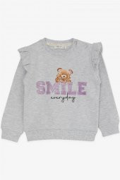 Kız Çocuk Eşofman Takımı Icıklı Simli Yazı Baskılı , Açık Gri Melanj thumbnail 3