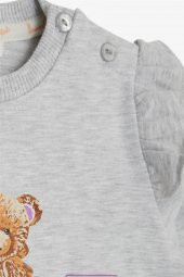 Kız Çocuk Eşofman Takımı Icıklı Simli Yazı Baskılı , Açık Gri Melanj thumbnail 5