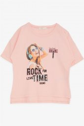 Kız Çocuk Tişört Havalı Rockçı Kız Baskılı , Somon - 1