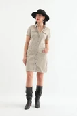 Kadın Bej Düğmeli Jean Elbise - 2