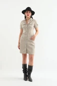 Kadın Bej Düğmeli Jean Elbise - 3