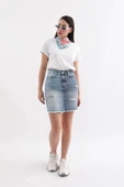 Kadın Mavi Renk Bloklu Yırtık Jean Etek - 4