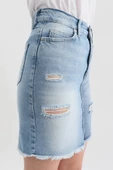 Kadın Mavi Renk Bloklu Yırtık Jean Etek - 7