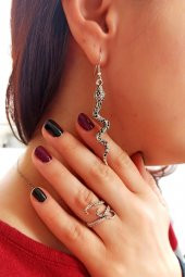 Yılan Küpe ve Ahtapot Yüzük Gümüş Kaplama El Yapımı Özel Kadın Seti - 1