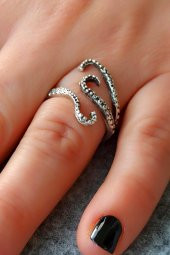 Yılan Küpe ve Ahtapot Yüzük Gümüş Kaplama El Yapımı Özel Kadın Seti - 5